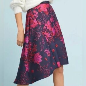 Eva Franco Asymmetrical Jacquard Skirt w/Pleat in Vibrant Navy & Pink Floral - 8
